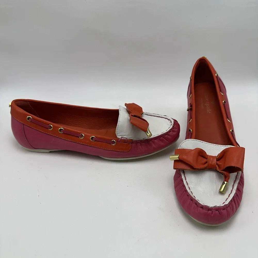 Kate Spade Boat Shoes Flats Bow Pink Red White‎ Women's Size 8M